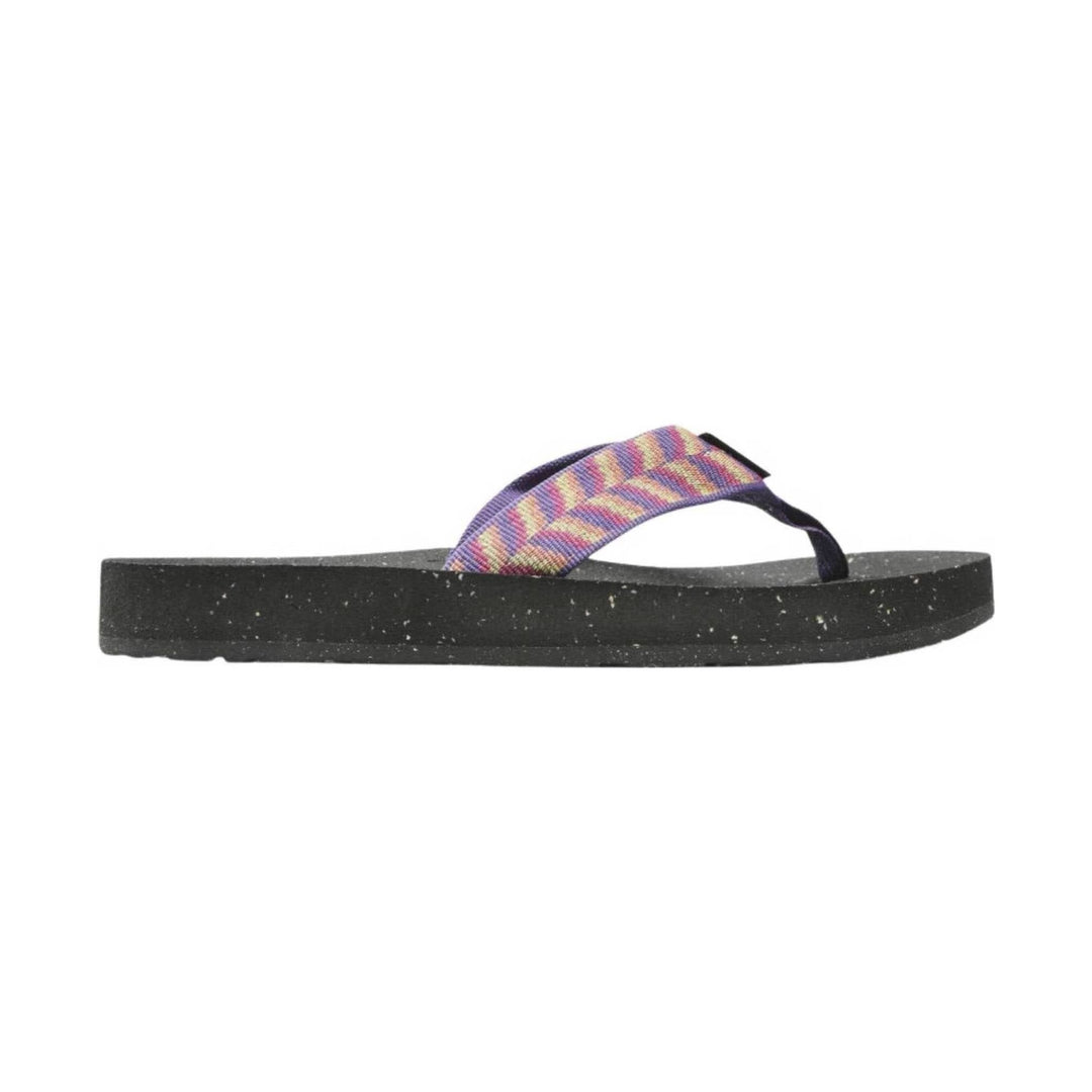 Black speckled flip flop with a multicolor patterned strap