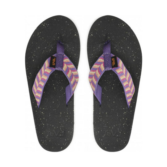 Pair of black speckled flip-flops with purple and pink patterned straps