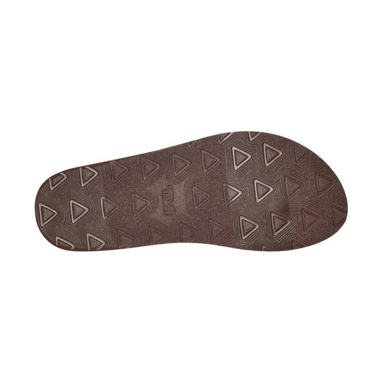 Brown sandal outsole with repeated triangular tread pattern and embossed logo