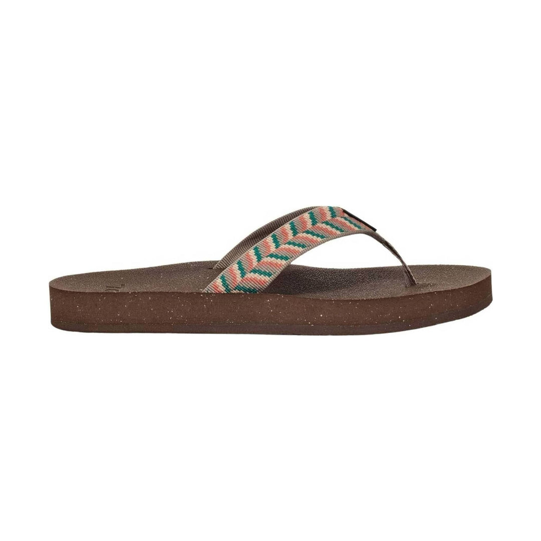Brown flip flop with patterned woven strap and thick foam sole, side view