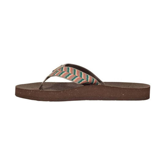 Brown thong flip-flop with a patterned woven strap and thick wedge sole, shown in side view