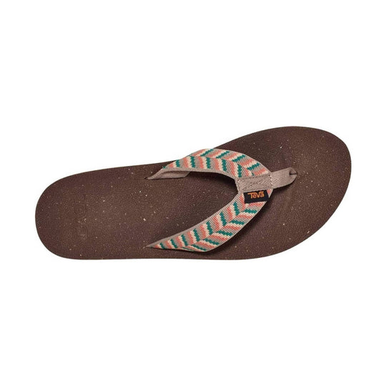 Brown flip flop with patterned fabric strap and visible Teva tag