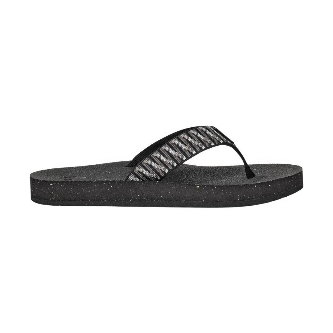 Black thong flip-flop with speckled platform sole and patterned webbing strap