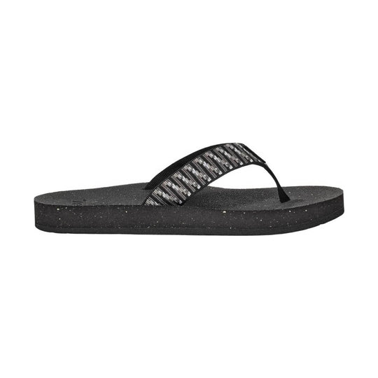 Black thong flip-flop with speckled platform sole and patterned webbing strap