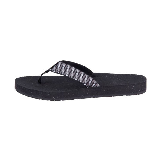Black flip-flop with patterned black-and-gray strap and thong toe post