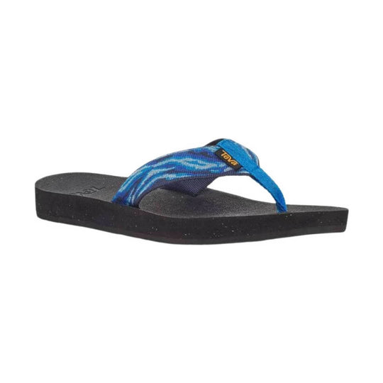 Blue patterned thong sandal with black foam sole and visible Teva logo