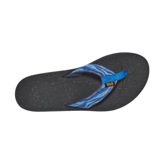 Black thong sandal with blue patterned straps and a small Teva logo on the strap