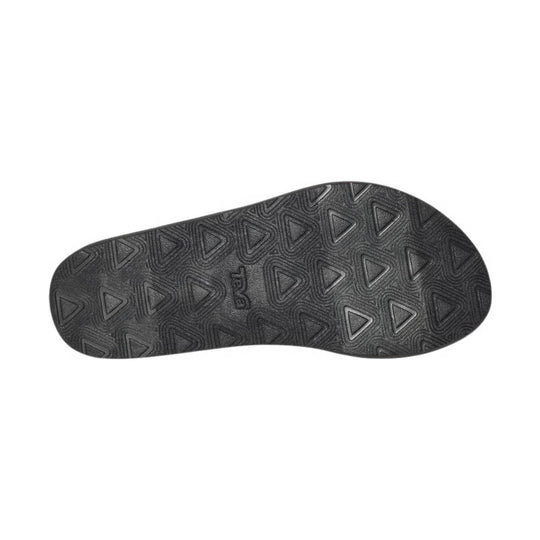 Black sandal outsole with triangular tread pattern and embossed Teva logo