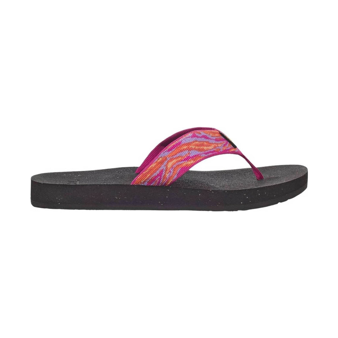 Black flip flop with a multicolor woven strap and thick sole, side view