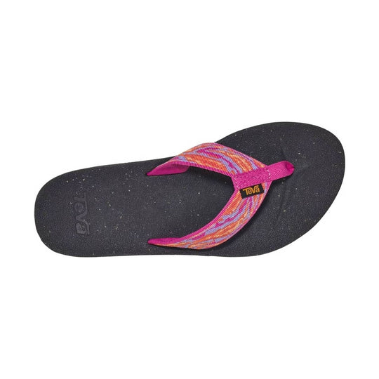 Black thong sandal with a multicolor woven strap and pink footbed accents