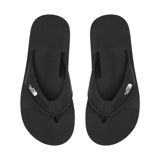 Black thong flip flops with The North Face logo on the straps