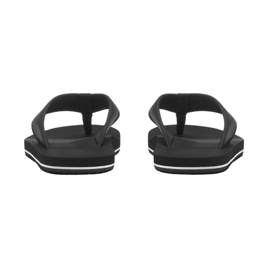 Black thong flip-flops with textured straps and white stripe detail on the sole, shown from the back
