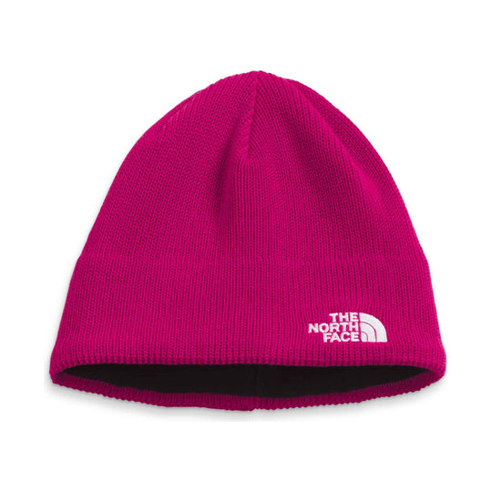 Magenta knit beanie with white The North Face logo