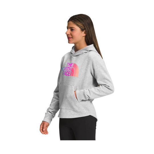 Light gray hooded sweatshirt with front kangaroo pocket and colorful THE NORTH FACE graphic on the chest