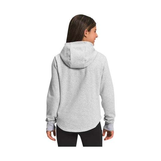 Light gray pullover hoodie shown from the back with a hood and long sleeves