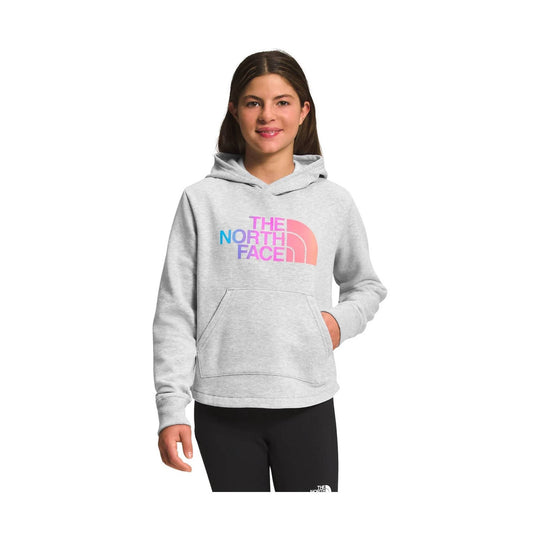 Light gray hooded sweatshirt with a colorful The North Face logo on the chest