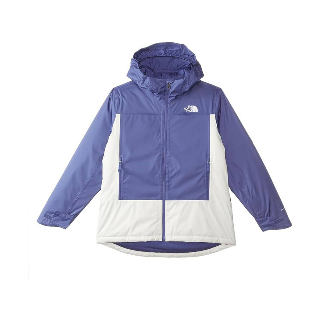 Hooded color-block insulated jacket with front zipper and chest logo