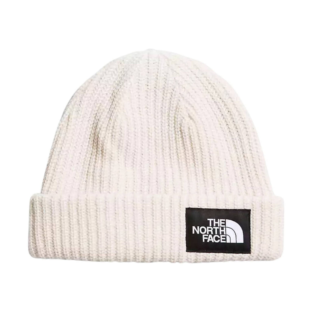 Cream ribbed knit beanie with a The North Face logo patch