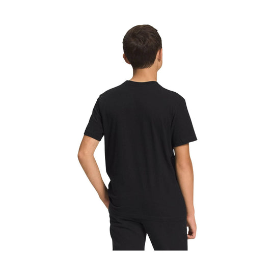 Black short-sleeve crewneck T-shirt shown from the back on a child model