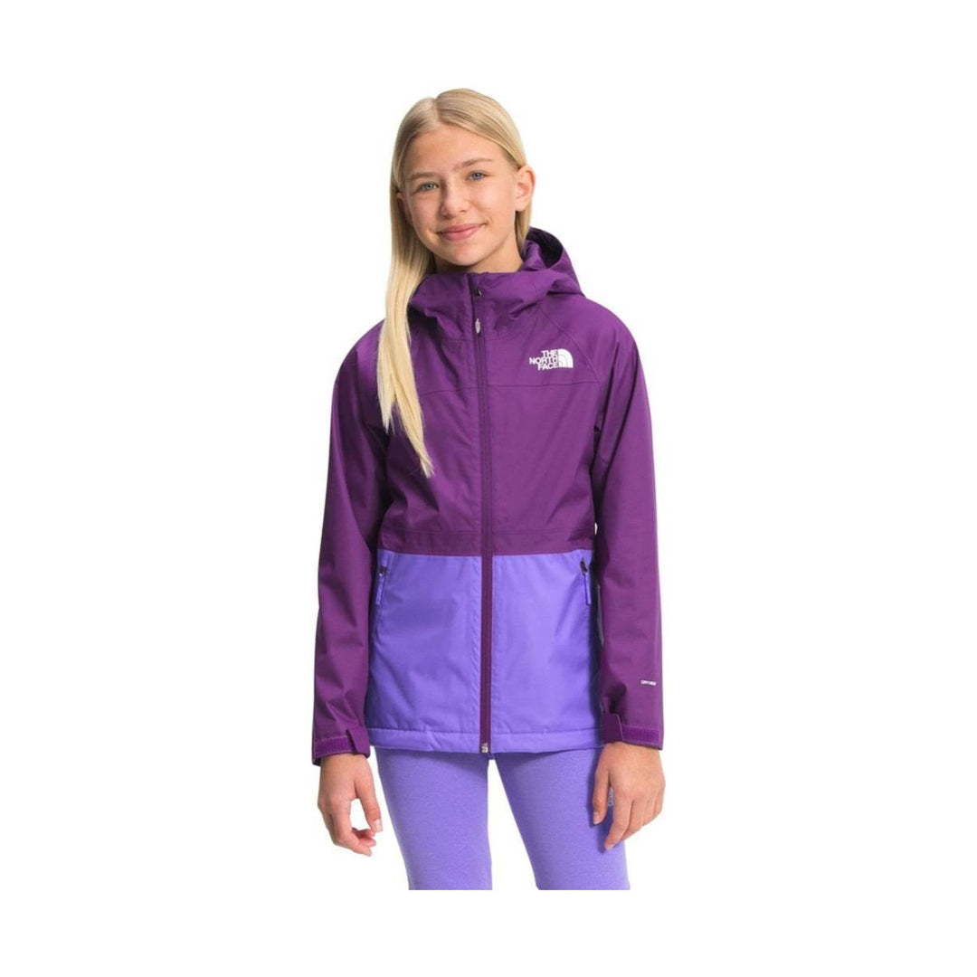 Girls' purple hooded zip-up rain jacket with contrasting lavender lower panel and white chest logo