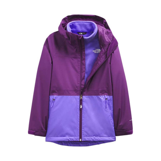 Purple hooded rain jacket with lavender fleece lining and front zipper, shown open