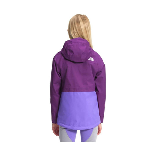 Two-tone hooded rain jacket seen from the back, with dark purple upper and lavender lower panels