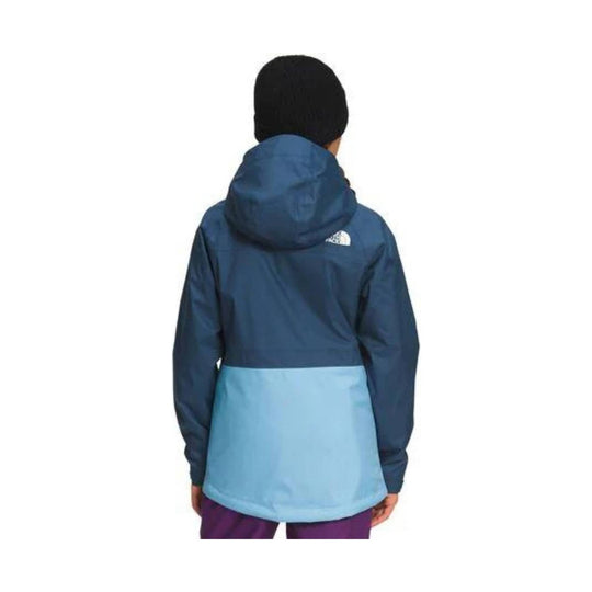 Kids' hooded colorblock jacket with dark blue upper section and light blue lower section, shown from the back