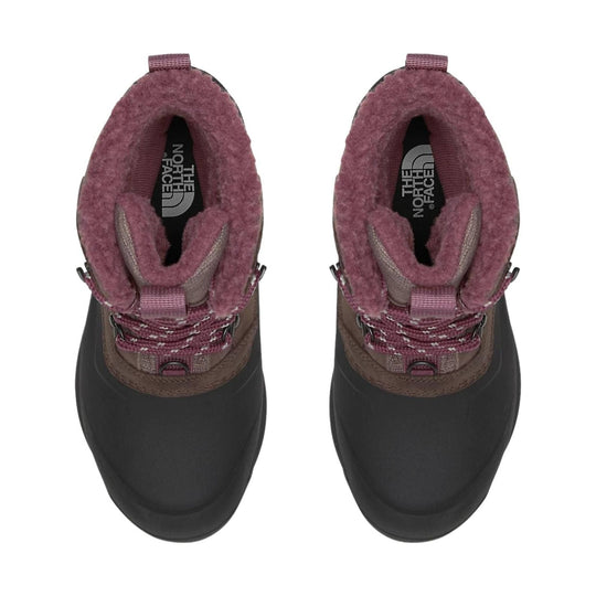 Pair of maroon and black winter boots with fleece-lined collars and bungee laces, top view