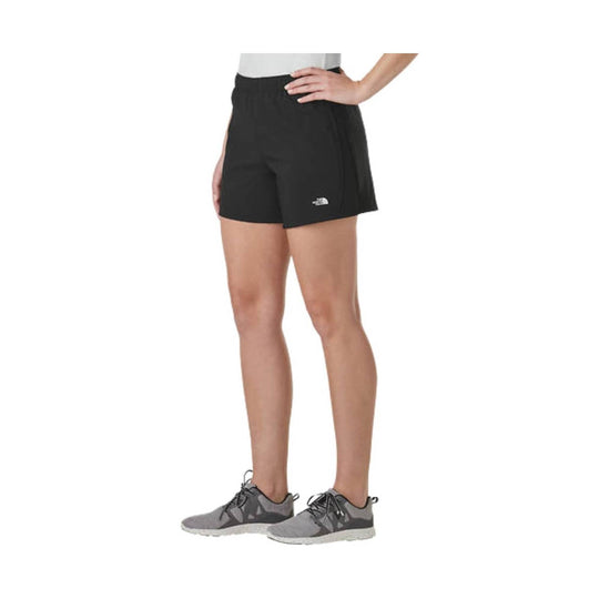Black athletic shorts worn by a model, shown with a side view