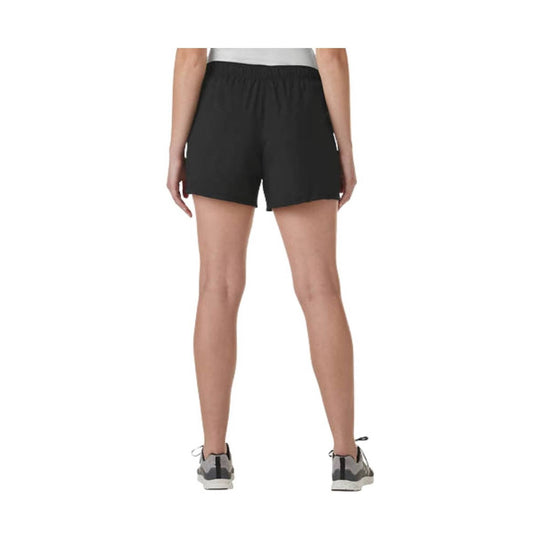 Black athletic shorts with elastic waistband, shown from the back on a model