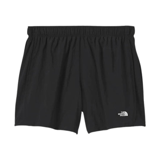 Black elastic-waist athletic shorts with a small logo on the lower right leg