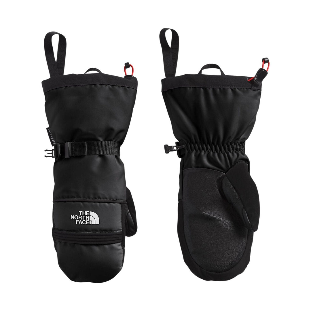 Pair of black insulated mittens with elastic cuffs and a white logo patch.