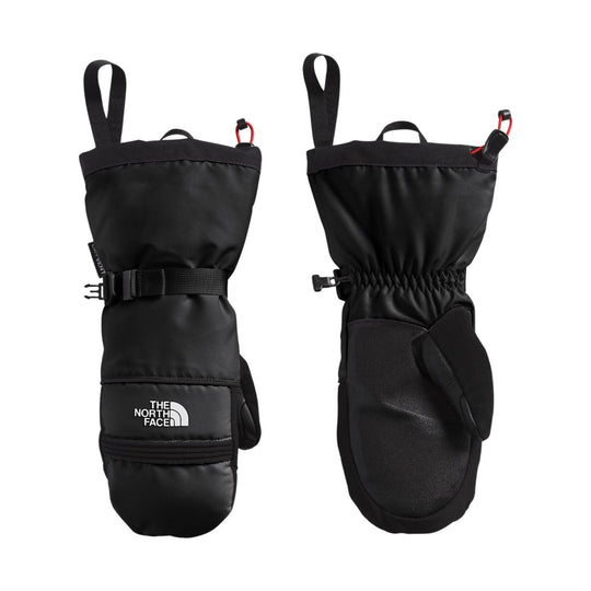 Pair of black insulated mittens with elastic cuffs and a white logo patch.