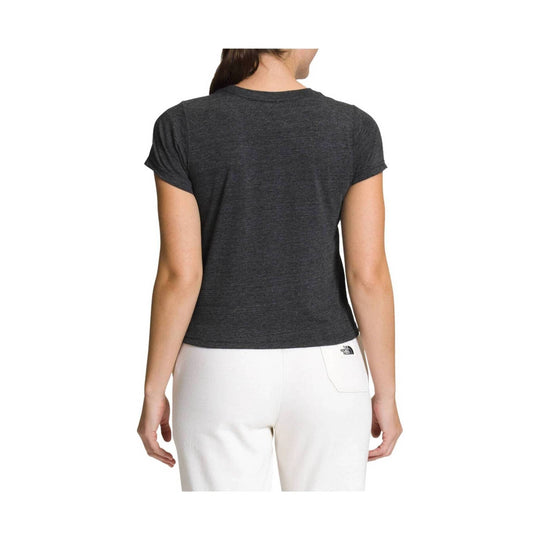 Black heather short-sleeve fitted T-shirt shown from the back