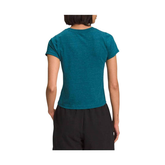 Teal heathered short-sleeve T-shirt shown from the back