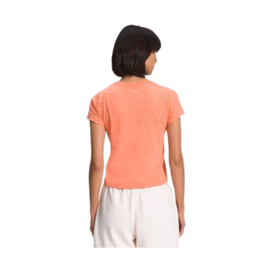 Coral short-sleeve crewneck T-shirt shown from the back
