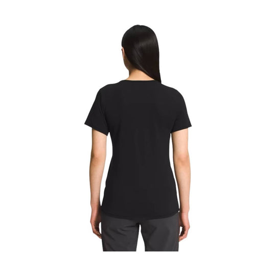 Black short-sleeve T-shirt shown from the back on a model