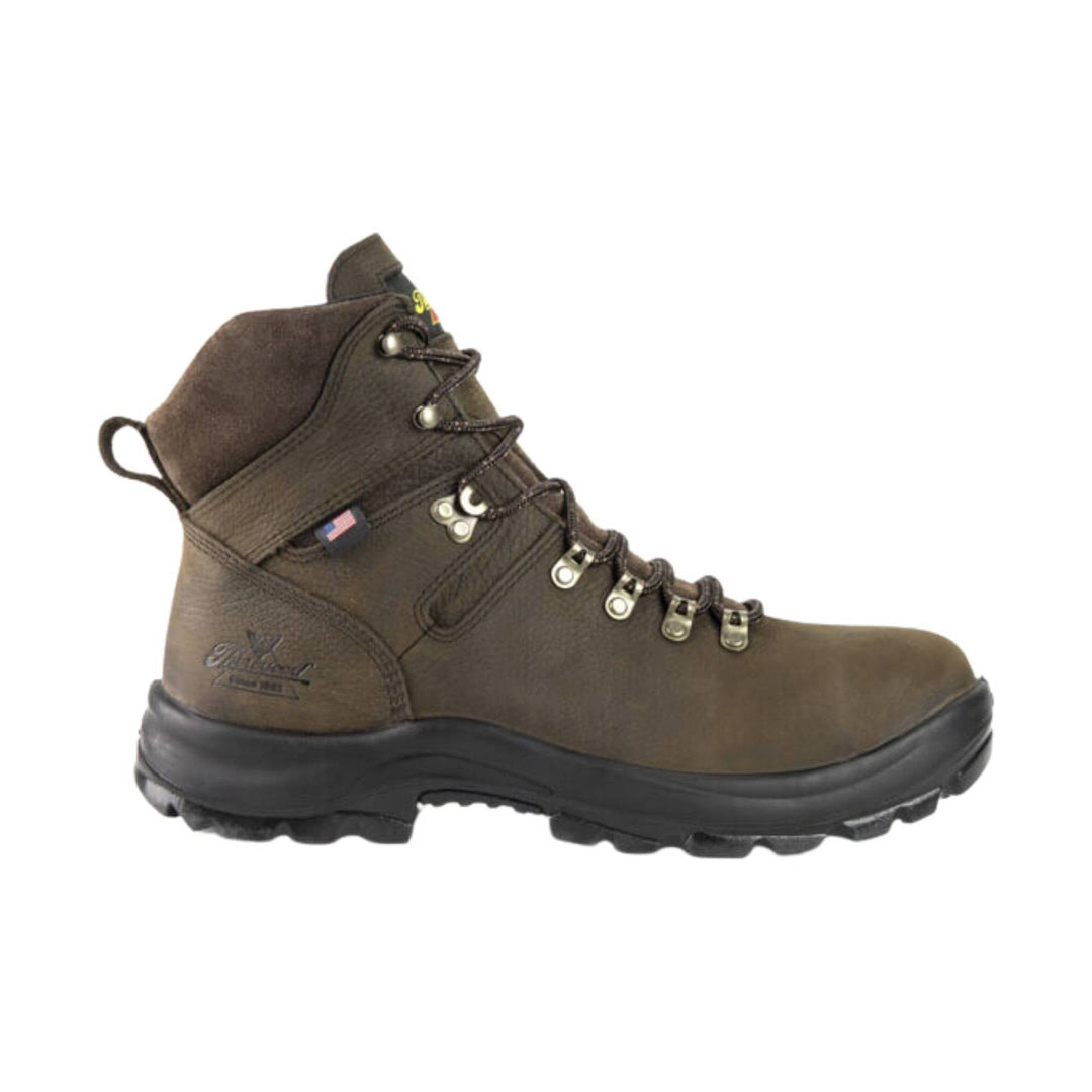 Brown lace-up waterproof work boot with metal eyelets, padded collar, and black lug sole