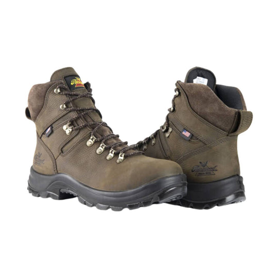 Brown lace-up work boots with waterproof upper, padded collar, and black lug soles