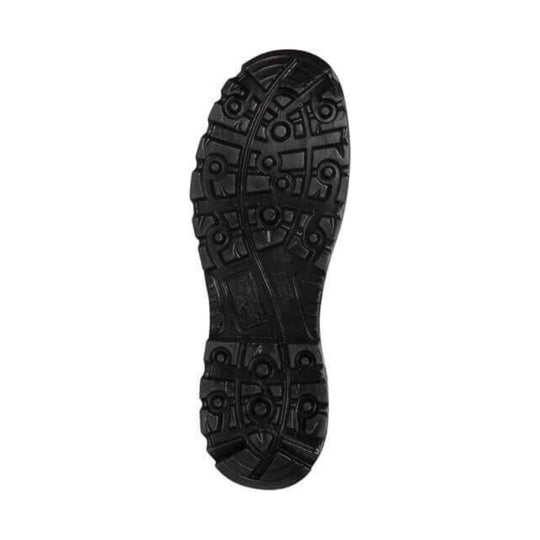 Black rugged boot outsole with deep lug tread and circular traction pods