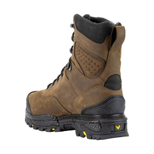 Brown and black insulated work boot with lace-up front, padded collar, and rugged treaded sole