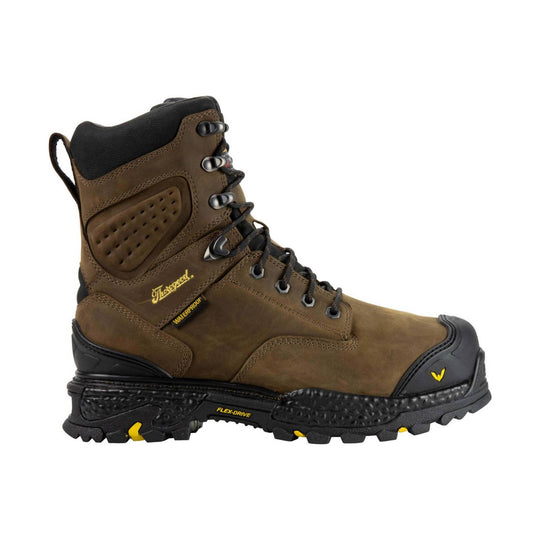 Brown insulated work boot with black collar, laces, and rugged treaded sole
