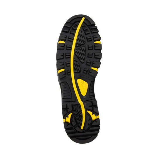 Black boot outsole with yellow tread accents and deep lug pattern