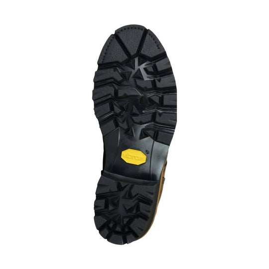 Black lugged boot sole with a yellow Vibram insert