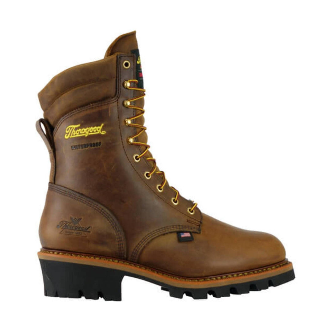 Brown leather insulated steel-toe work boot with yellow laces and lug sole