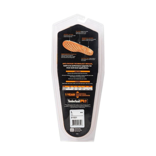 Packaged black boot insoles in clear clamshell, with orange insole diagram and size label