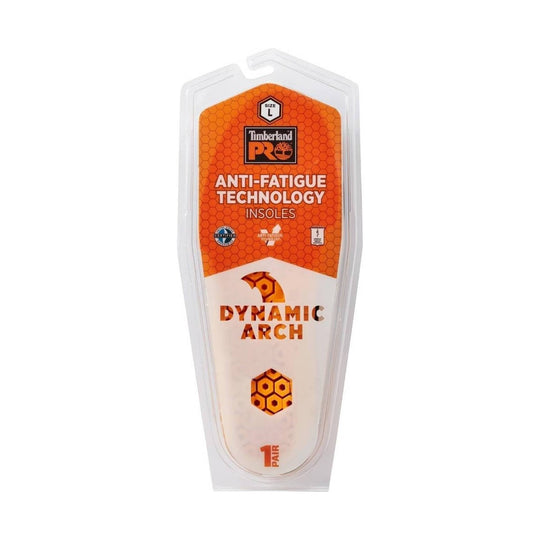 Orange and white insole package with hex pattern and "Dynamic Arch" text