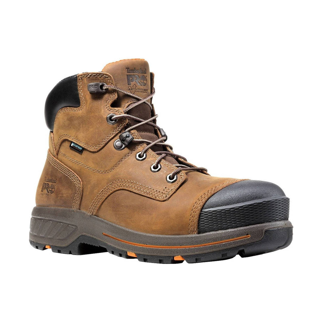 Brown leather work boot with black toe cap, laces, and ankle padding