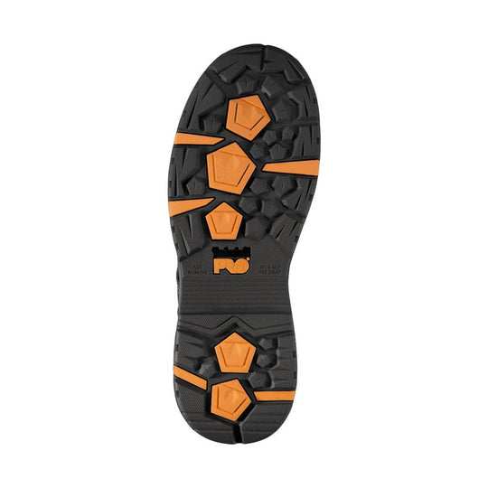 Black lugged work boot outsole with orange traction inserts and non-marking, oil- and slip-resistant markings