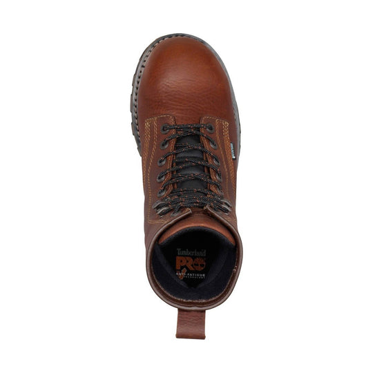 Brown lace-up work boot with black tongue, rugged sole, and padded collar, top view